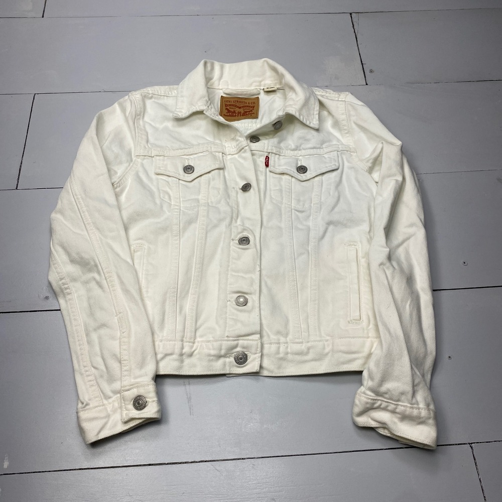 Levis Trucker Jacket Womens Small White Denim Button Front Classic Red Tab